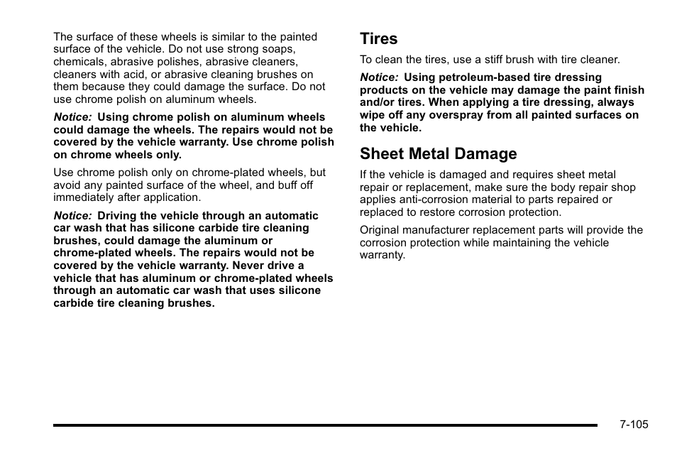 Tires, Sheet metal damage, Tires -105 sheet metal damage -105 | Cadillac 2010 Escalade User Manual | Page 551 / 614