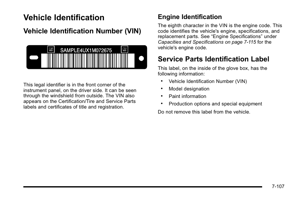 Vehicle identification, Vehicle identification number (vin), Service parts identification label | Vehicle identification -107, Engine identification | Cadillac 2010 Escalade User Manual | Page 553 / 614