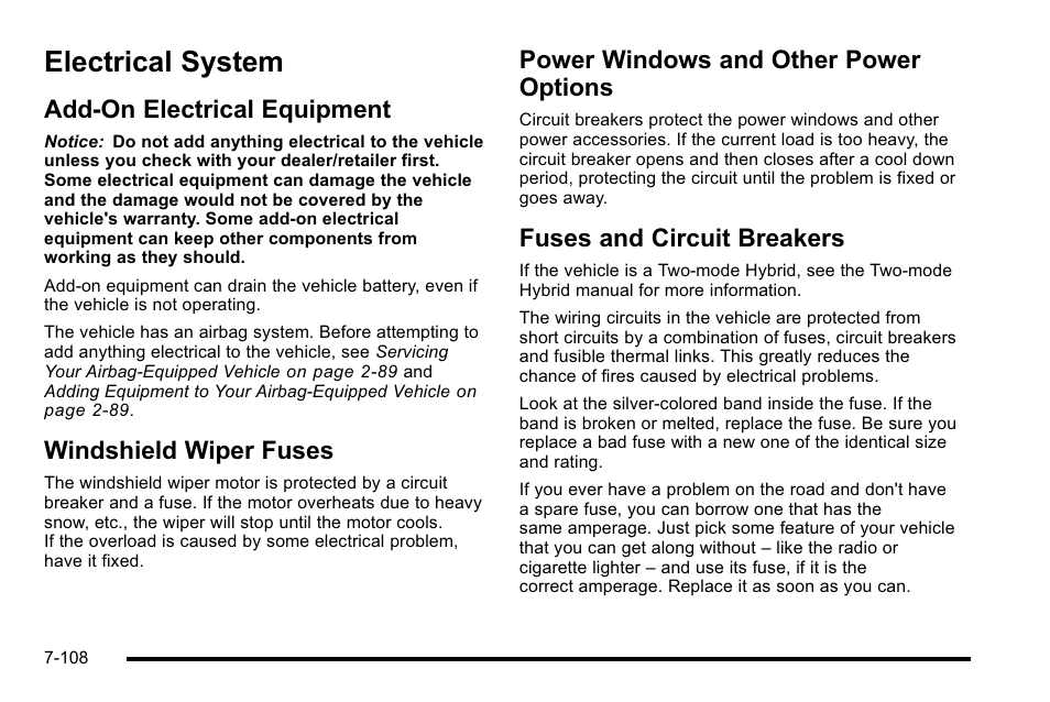 Electrical system, Add-on electrical equipment, Windshield wiper fuses | Power windows and other power options, Fuses and circuit breakers, Electrical system -108 | Cadillac 2010 Escalade User Manual | Page 554 / 614