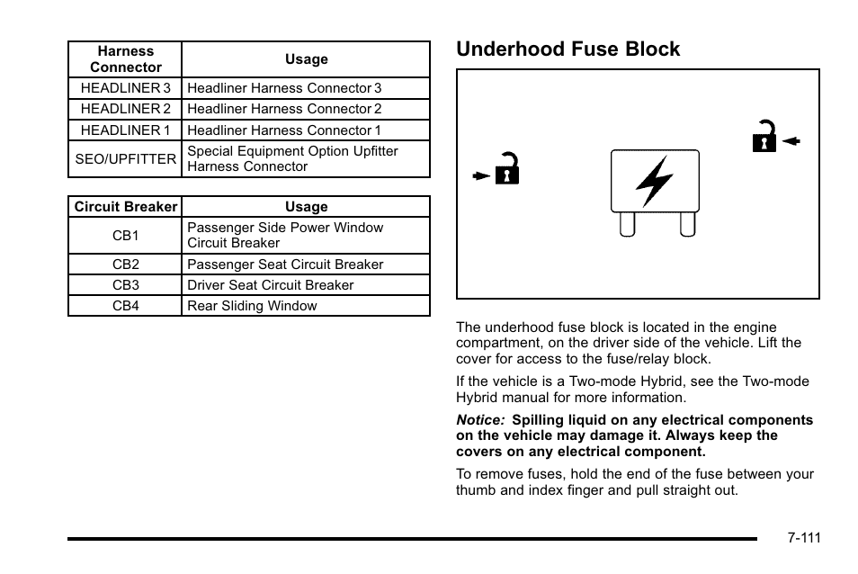 Underhood fuse block, Underhood fuse block -111 | Cadillac 2010 Escalade User Manual | Page 557 / 614