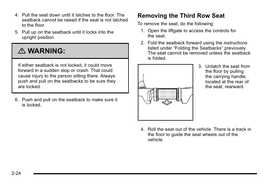 Warning, Removing the third row seat | Cadillac 2010 Escalade User Manual | Page 56 / 614