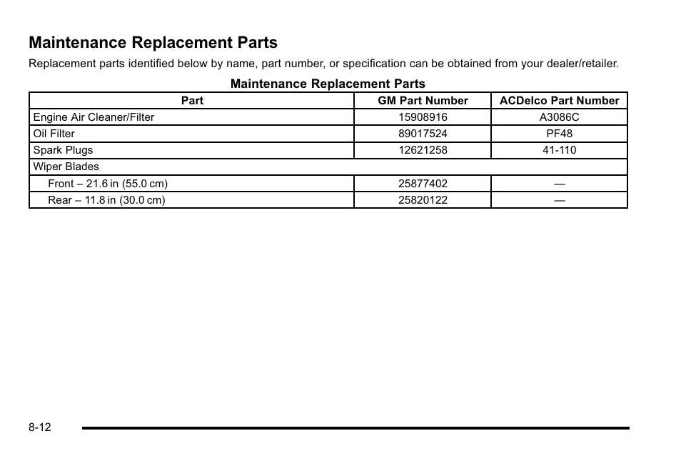 Maintenance replacement parts, Maintenance replacement parts -12 | Cadillac 2010 Escalade User Manual | Page 574 / 614