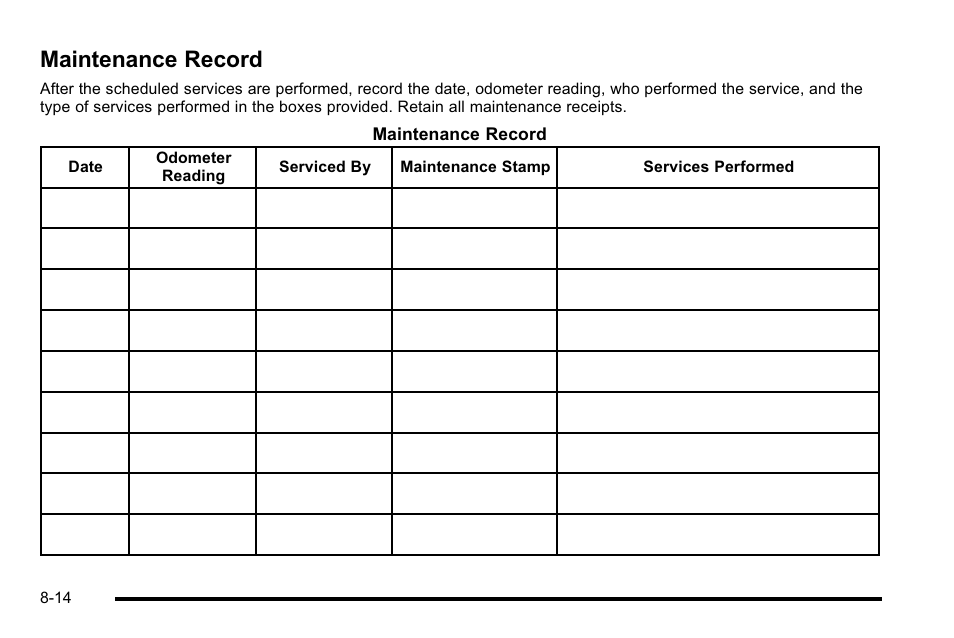 Maintenance record, Record -14 | Cadillac 2010 Escalade User Manual | Page 576 / 614