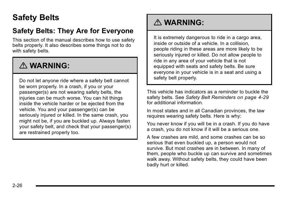 Safety belts, Safety belts: they are for everyone, Safety belts -26 | Sunroof, Safety belts: they are for everyone -26, Warning | Cadillac 2010 Escalade User Manual | Page 58 / 614