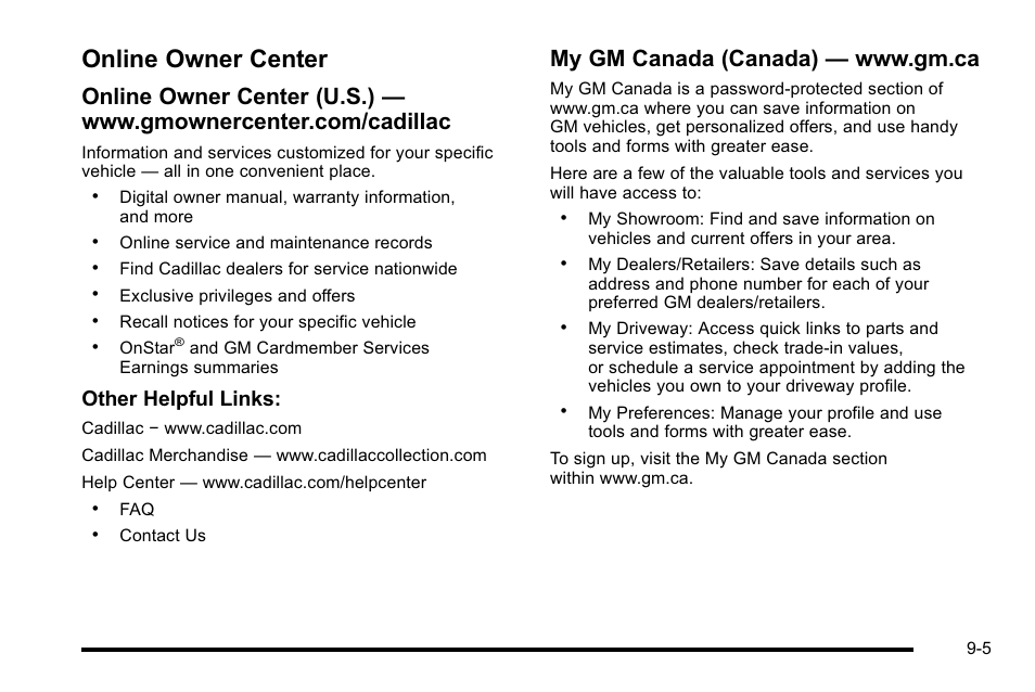 Online owner center, Online owner center -5, Other helpful links | Cadillac 2010 Escalade User Manual | Page 583 / 614