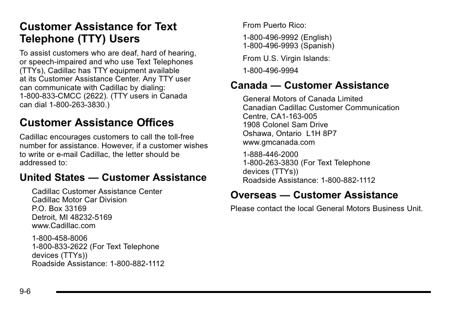 Customer assistance for text telephone (tty) users, Customer assistance offices, Customer assistance for | Text telephone (tty) users -6, Customer assistance offices -6, Reporting, United states — customer assistance, Canada — customer assistance, Overseas — customer assistance | Cadillac 2010 Escalade User Manual | Page 584 / 614