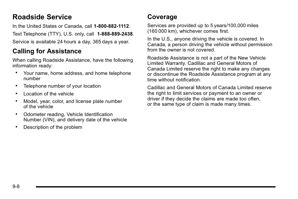 Roadside service, Roadside service -8, Vehicle data | Calling for assistance, Coverage | Cadillac 2010 Escalade User Manual | Page 586 / 614