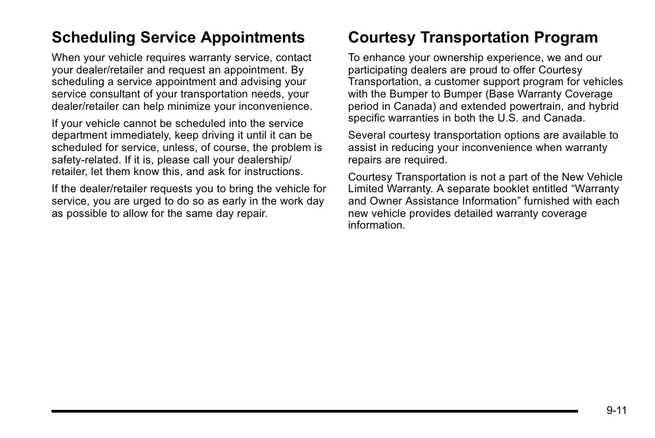 Scheduling service appointments, Courtesy transportation program | Cadillac 2010 Escalade User Manual | Page 589 / 614