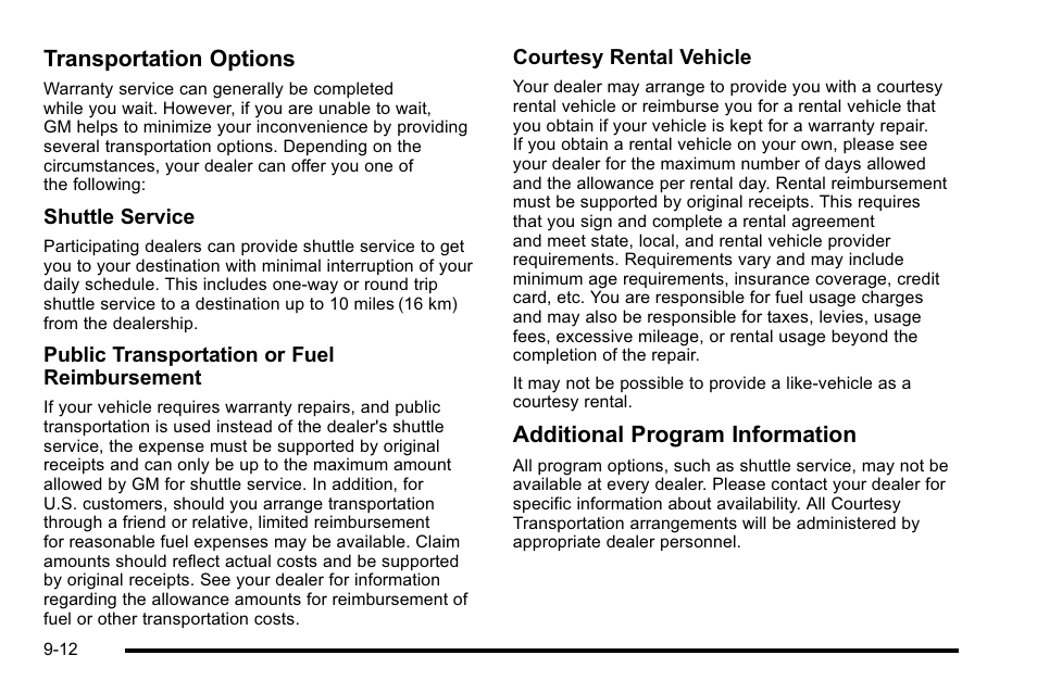 Transportation options, Additional program information | Cadillac 2010 Escalade User Manual | Page 590 / 614