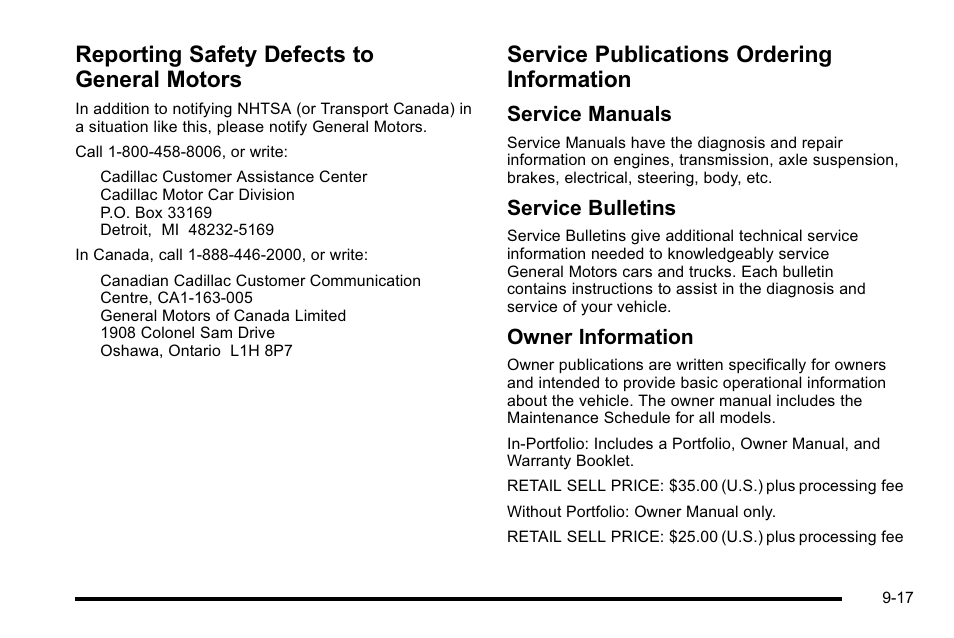 Reporting safety defects to general motors, Service publications ordering information, Service manuals | Service bulletins, Owner information | Cadillac 2010 Escalade User Manual | Page 595 / 614