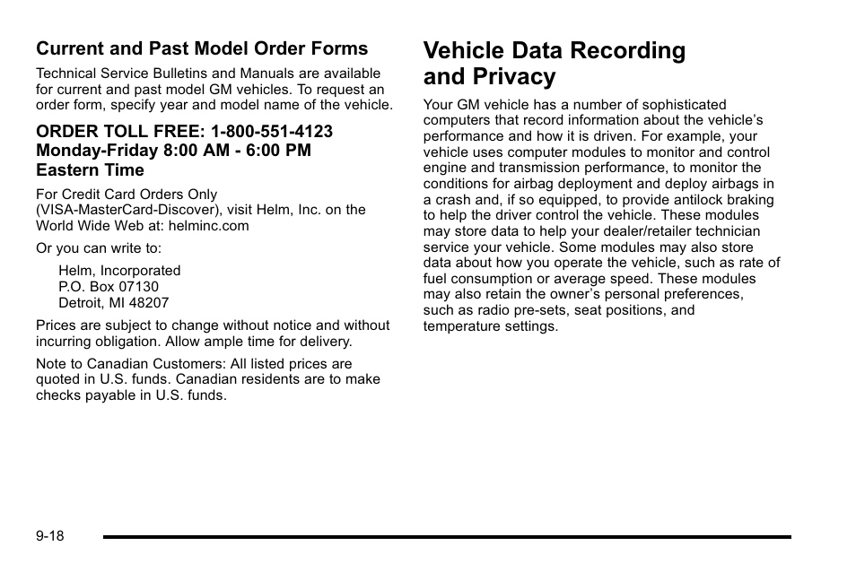 Vehicle data recording and privacy, Data recording and privacy -18, Recording and privacy -18 | Current and past model order forms | Cadillac 2010 Escalade User Manual | Page 596 / 614