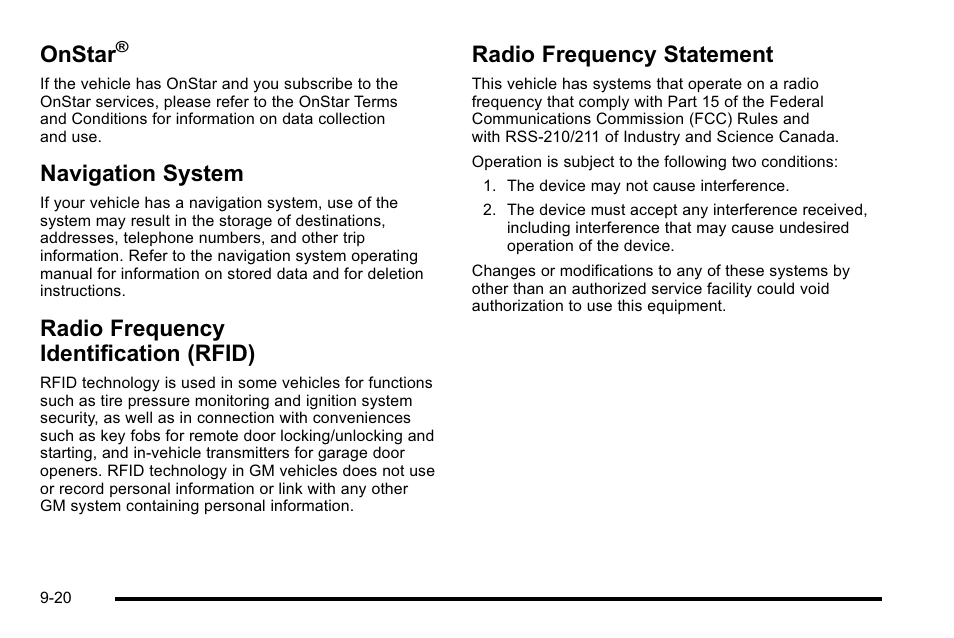 Onstar, Navigation system, Radio frequency identification (rfid) | Radio frequency statement | Cadillac 2010 Escalade User Manual | Page 598 / 614