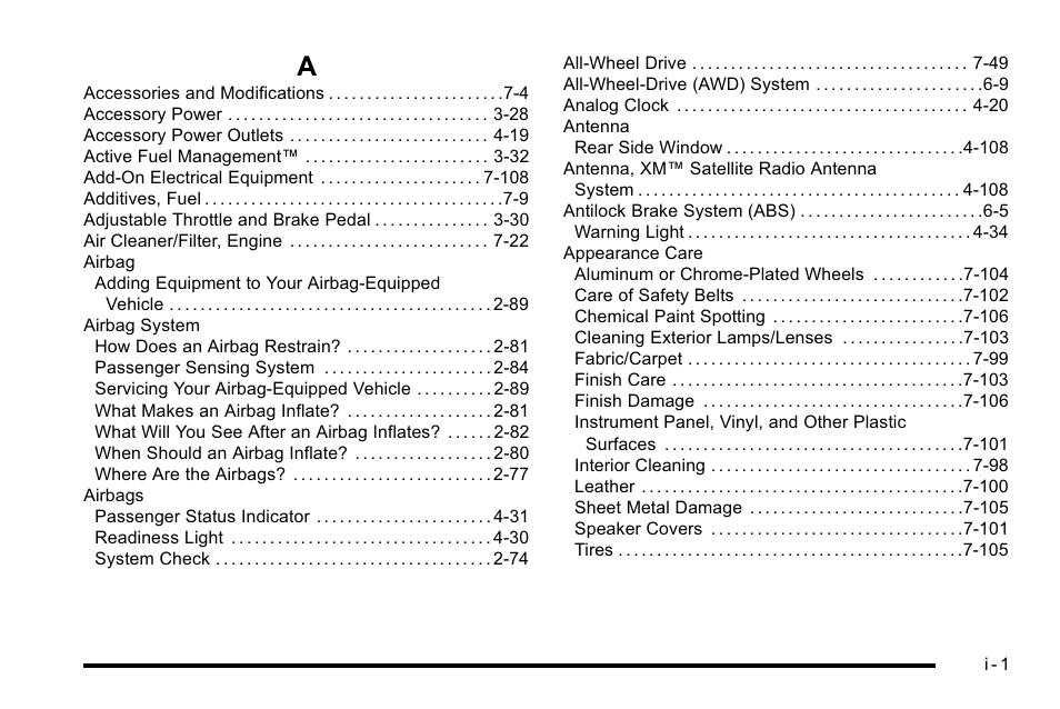 Index, Index_a | Cadillac 2010 Escalade User Manual | Page 599 / 614