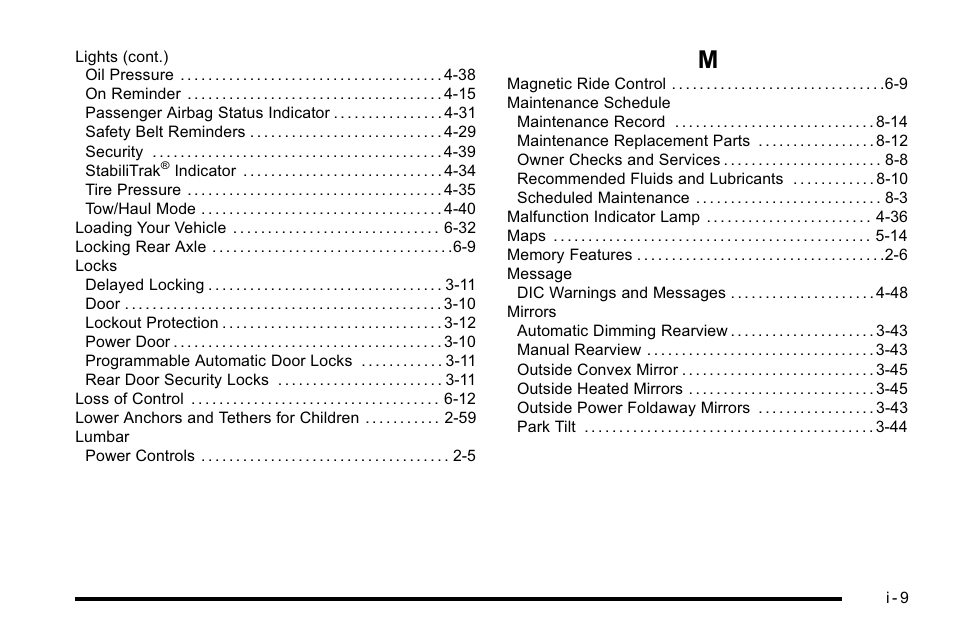 Index_m | Cadillac 2010 Escalade User Manual | Page 607 / 614