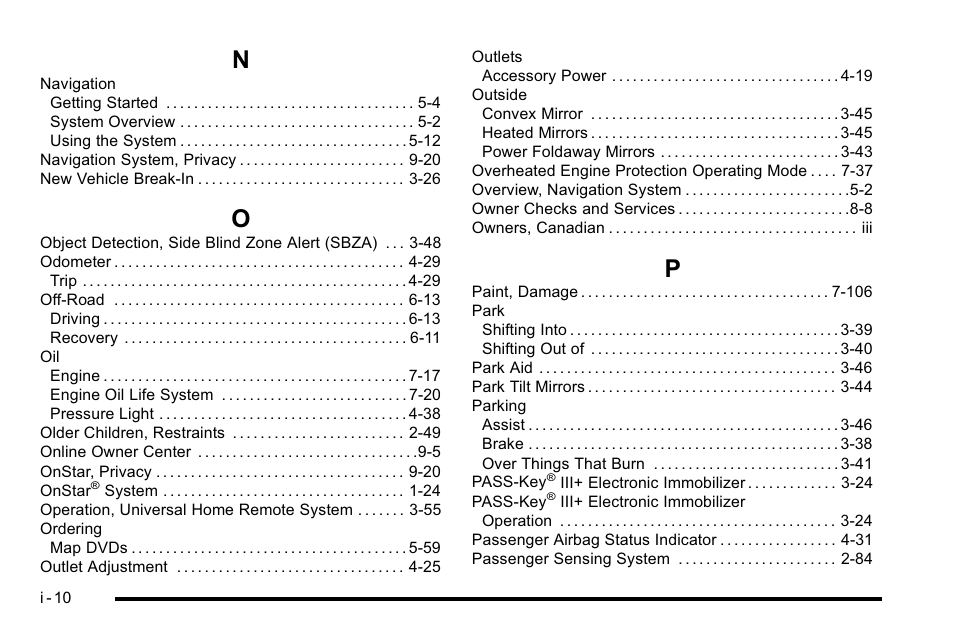 Index_n, Index_o, Index_p | Cadillac 2010 Escalade User Manual | Page 608 / 614