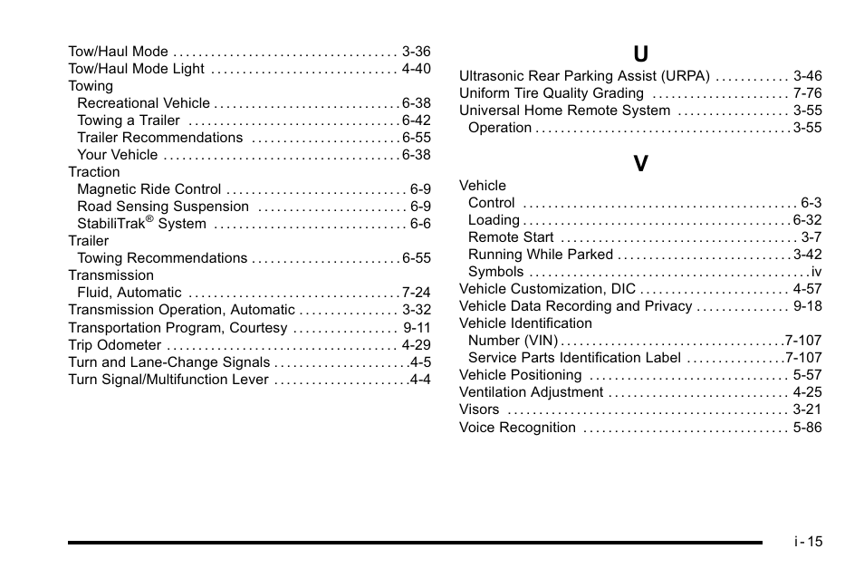 Index_u, Index_v | Cadillac 2010 Escalade User Manual | Page 613 / 614