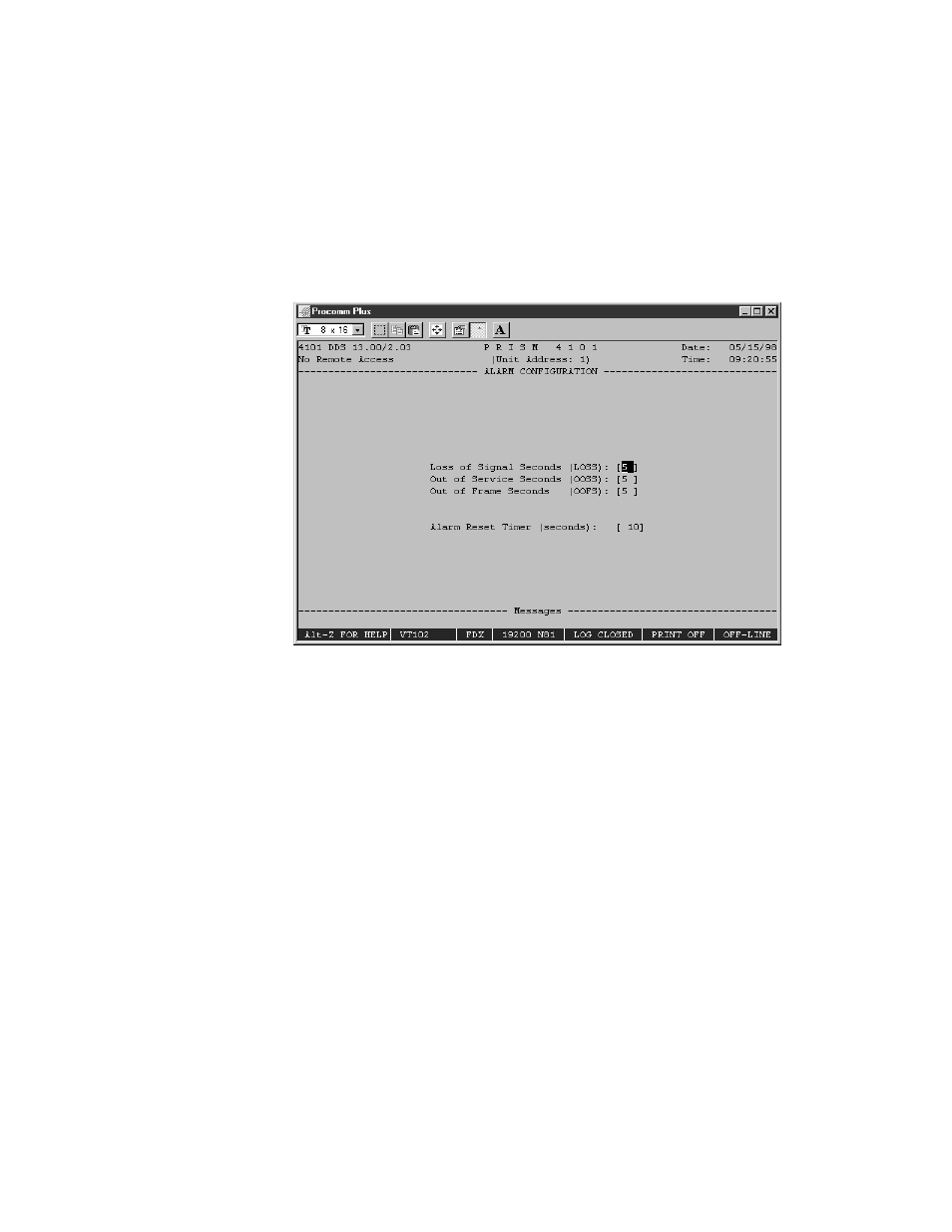 Alarmconfiguration, Alarm configuration, Loss of signal seconds out of service seconds | Out of frame seconds alarm reset timer | Verilink PRISM 4101 (34-00230) Product Manual User Manual | Page 53 / 78