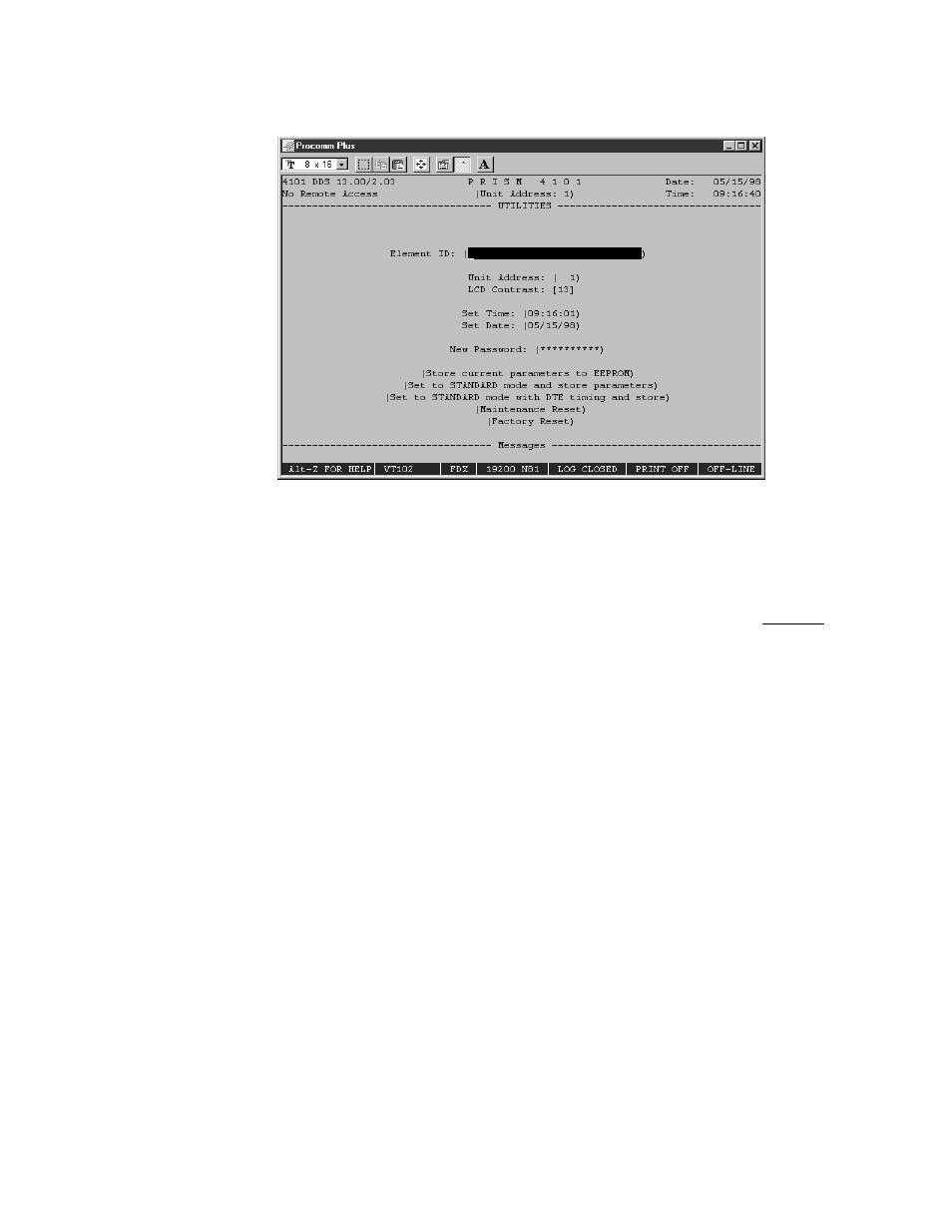 Utilities, Elementid, Unit address | Contrast, Element id unit address contrast | Verilink PRISM 4101 (34-00230) Product Manual User Manual | Page 62 / 78