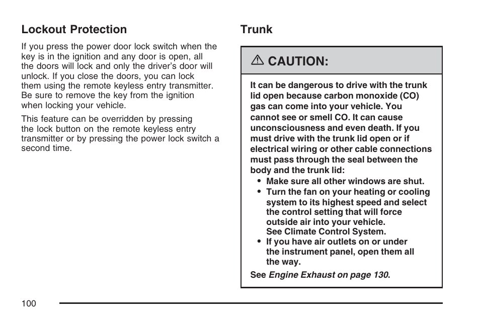 Lockout protection, Trunk, Lockout protection trunk | Caution | Cadillac CTS User Manual | Page 100 / 518