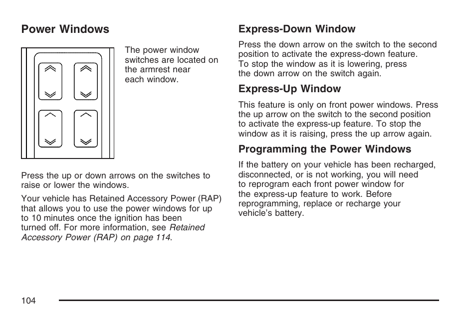 Power windows | Cadillac CTS User Manual | Page 104 / 518