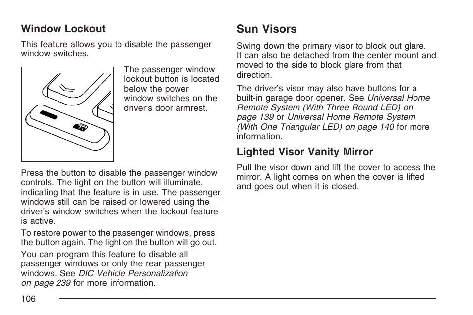 Sun visors | Cadillac CTS User Manual | Page 106 / 518