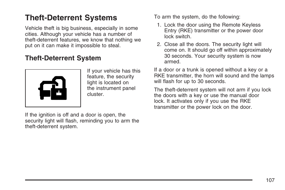 Theft-deterrent systems, Theft-deterrent system | Cadillac CTS User Manual | Page 107 / 518