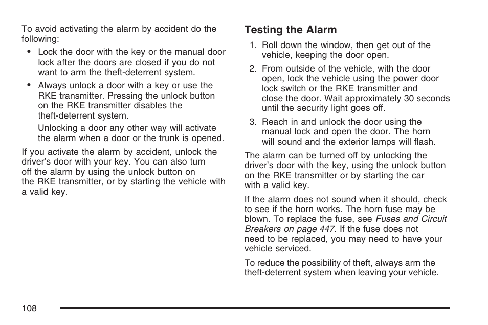 Testing the alarm | Cadillac CTS User Manual | Page 108 / 518