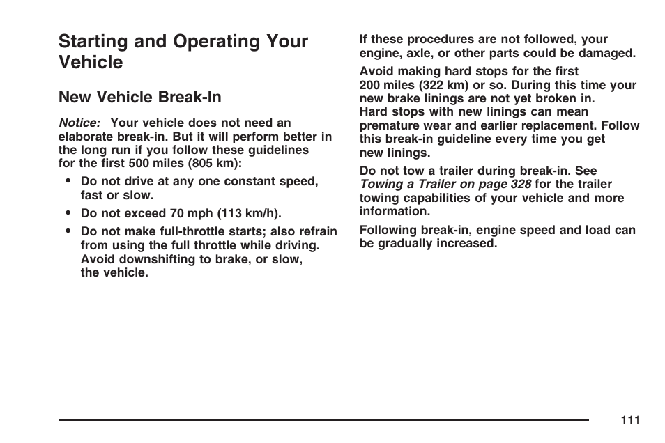 Starting and operating your vehicle, New vehicle break-in | Cadillac CTS User Manual | Page 111 / 518