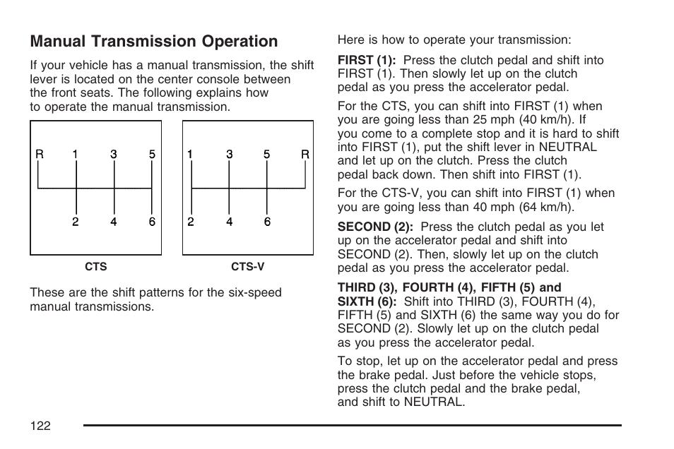 Manual transmission operation | Cadillac CTS User Manual | Page 122 / 518