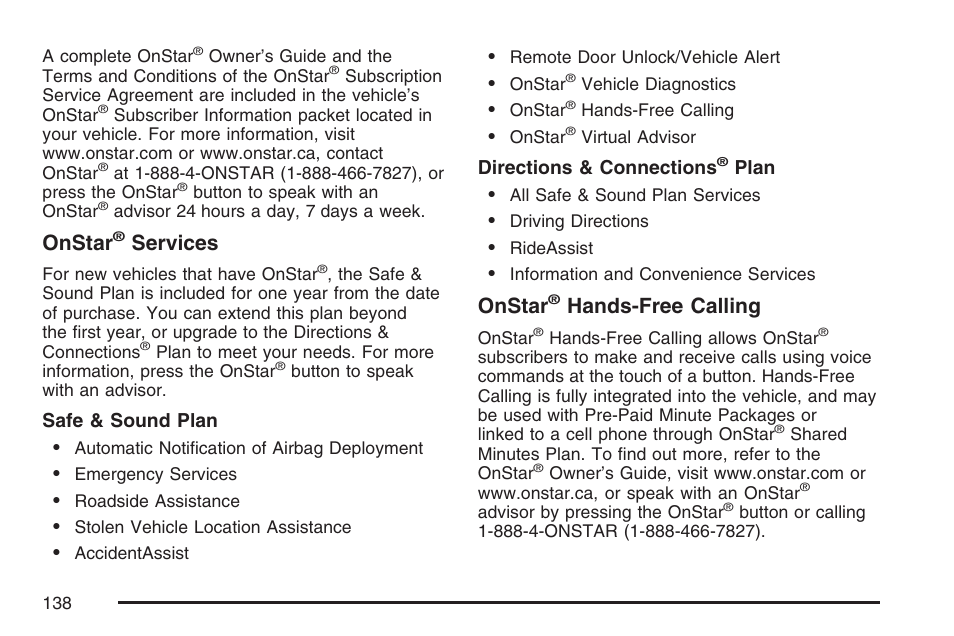 Onstar, Services, Hands-free calling | Cadillac CTS User Manual | Page 138 / 518