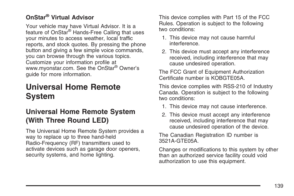 Universal home remote system, With three round led) | Cadillac CTS User Manual | Page 139 / 518