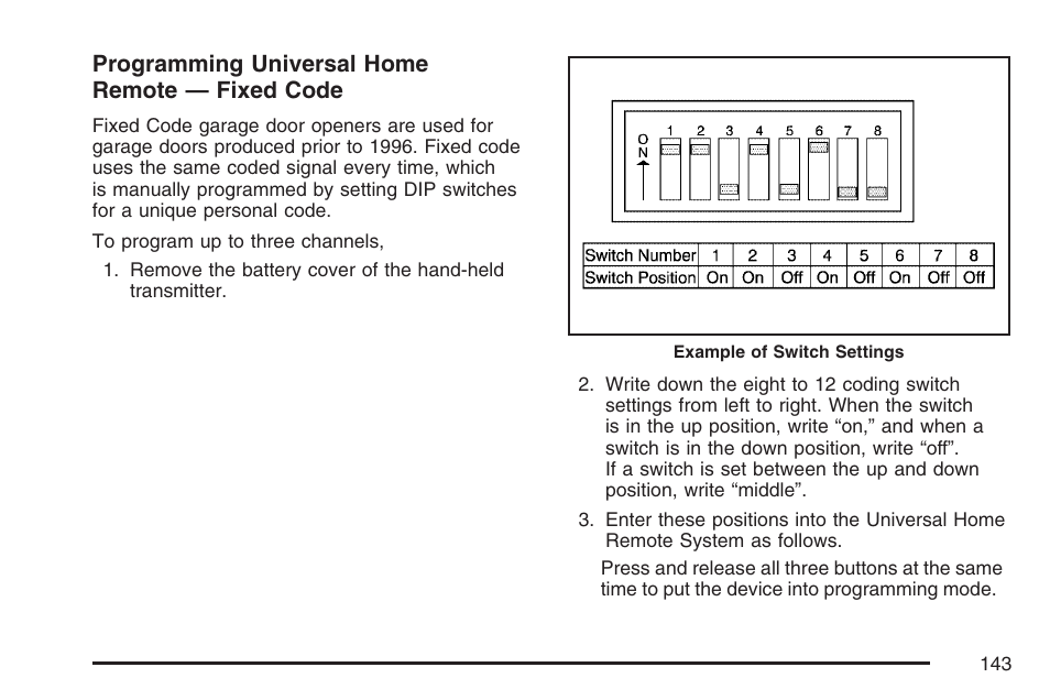 Programming universal home remote — fixed code | Cadillac CTS User Manual | Page 143 / 518