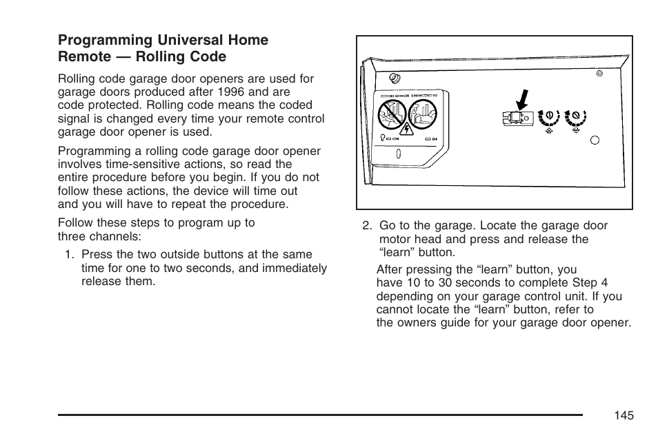 Programming universal home remote — rolling code | Cadillac CTS User Manual | Page 145 / 518