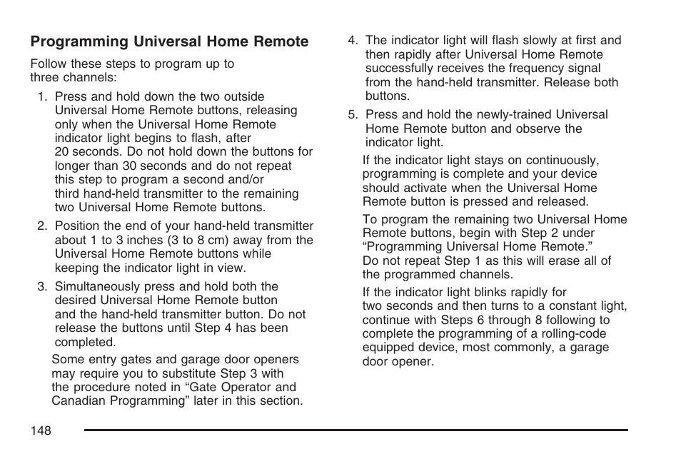 Programming universal home remote | Cadillac CTS User Manual | Page 148 / 518