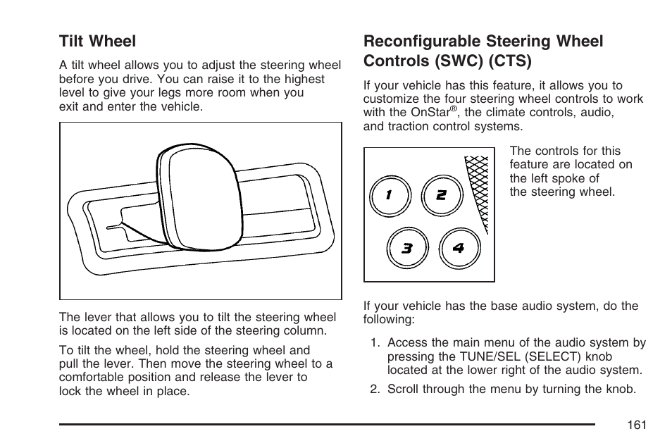 Tilt wheel, Reconfigurable steering wheel controls (swc) (cts), Tilt wheel reconfigurable steering wheel | Controls (swc) (cts) | Cadillac CTS User Manual | Page 161 / 518