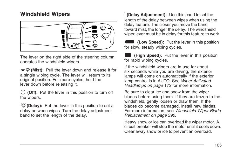 Windshield wipers, Windshield, Wipers | Cadillac CTS User Manual | Page 165 / 518
