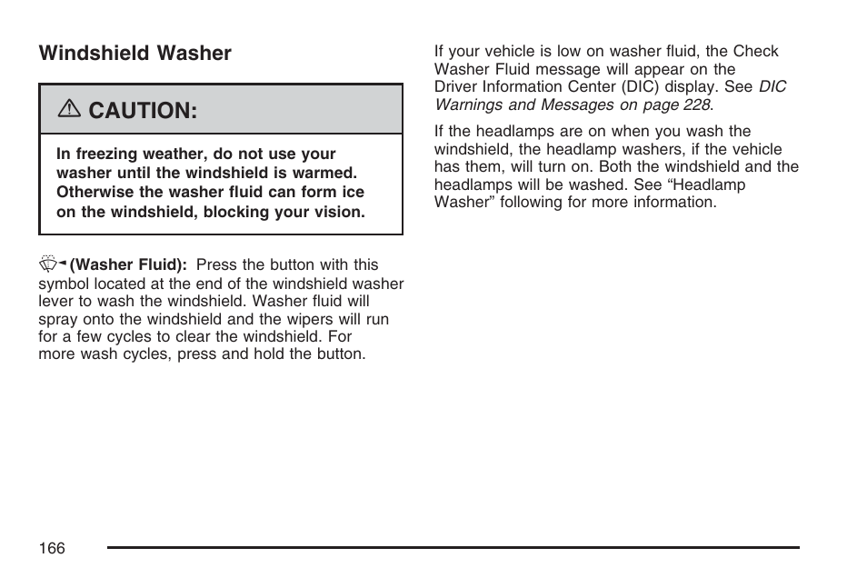 Windshield washer, Caution | Cadillac CTS User Manual | Page 166 / 518