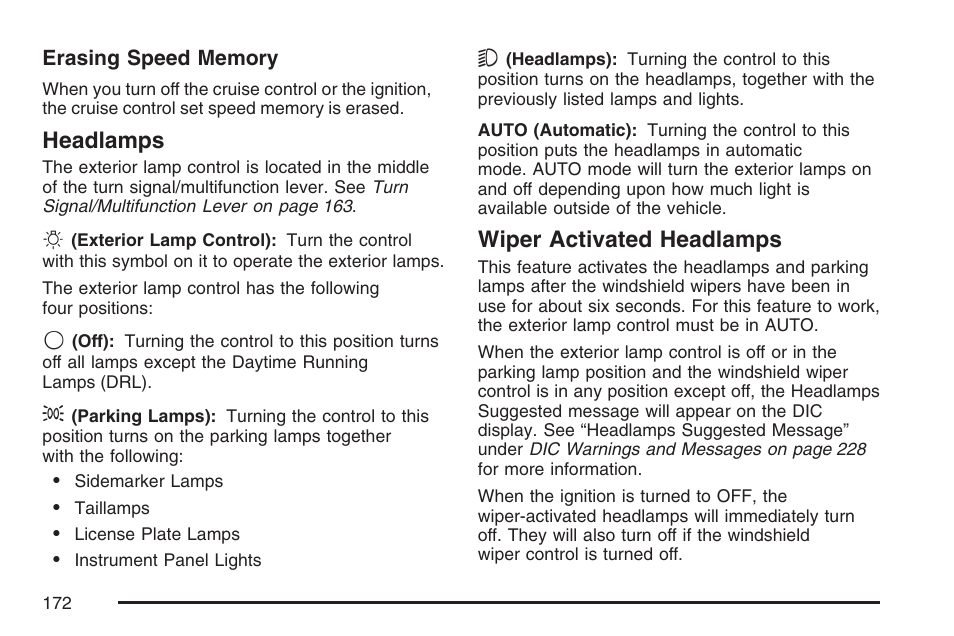 Headlamps, Wiper activated headlamps, Headlamps wiper activated headlamps | Cadillac CTS User Manual | Page 172 / 518