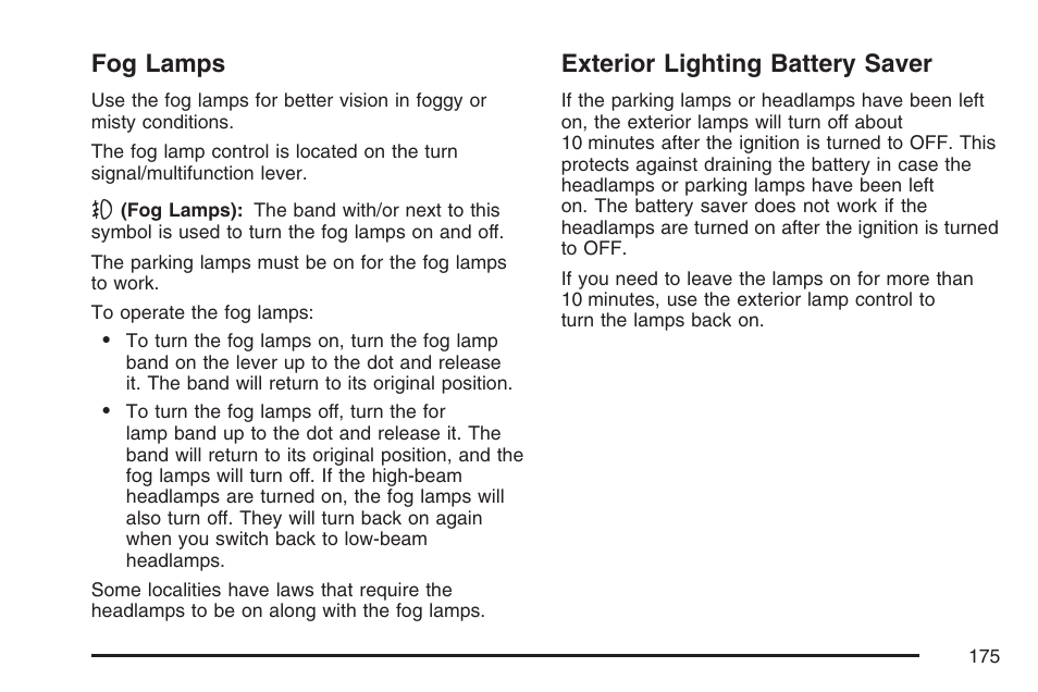 Fog lamps, Exterior lighting battery saver, Fog lamps exterior lighting battery saver | Cadillac CTS User Manual | Page 175 / 518