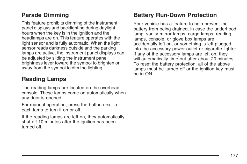 Parade dimming, Reading lamps, Battery run-down protection | Parade dimming reading lamps | Cadillac CTS User Manual | Page 177 / 518