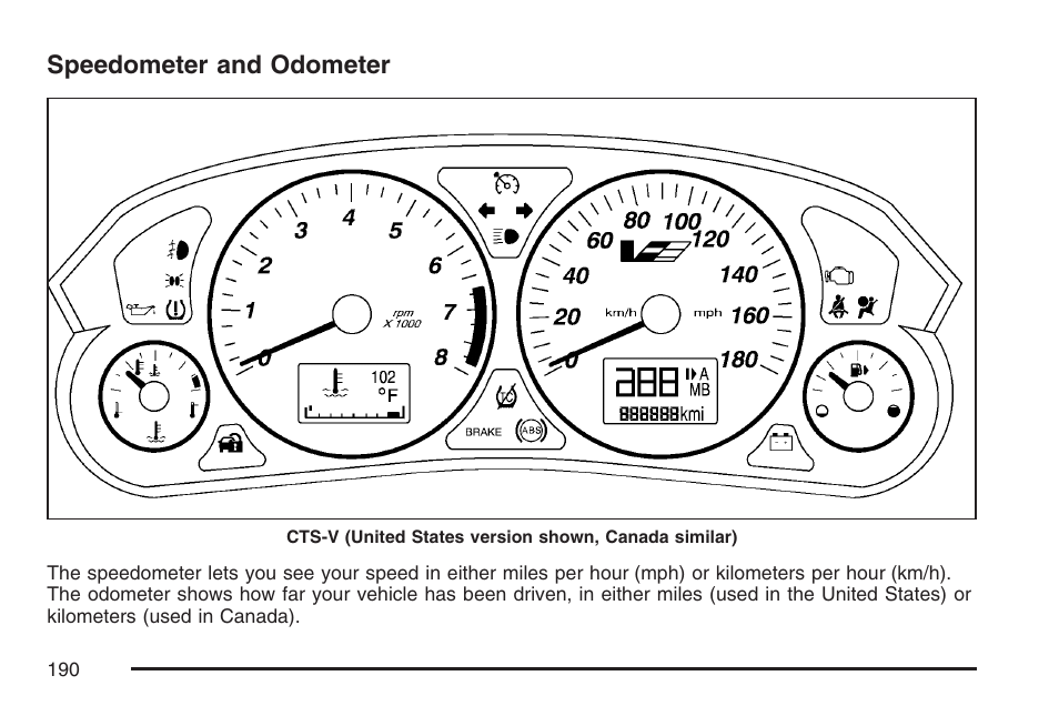 Speedometer and odometer | Cadillac CTS User Manual | Page 190 / 518
