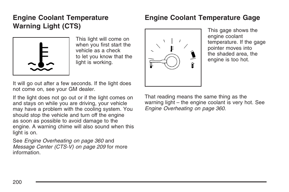 Engine coolant temperature warning light (cts), Engine coolant temperature gage, Engine coolant temperature warning | Light (cts) | Cadillac CTS User Manual | Page 200 / 518