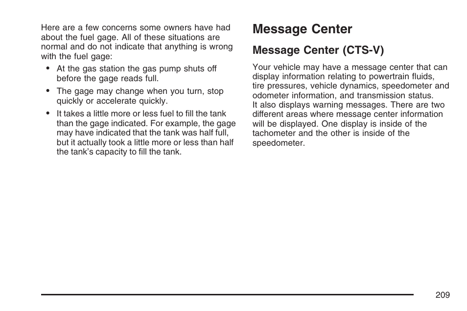 Message center, Message center (cts-v) | Cadillac CTS User Manual | Page 209 / 518