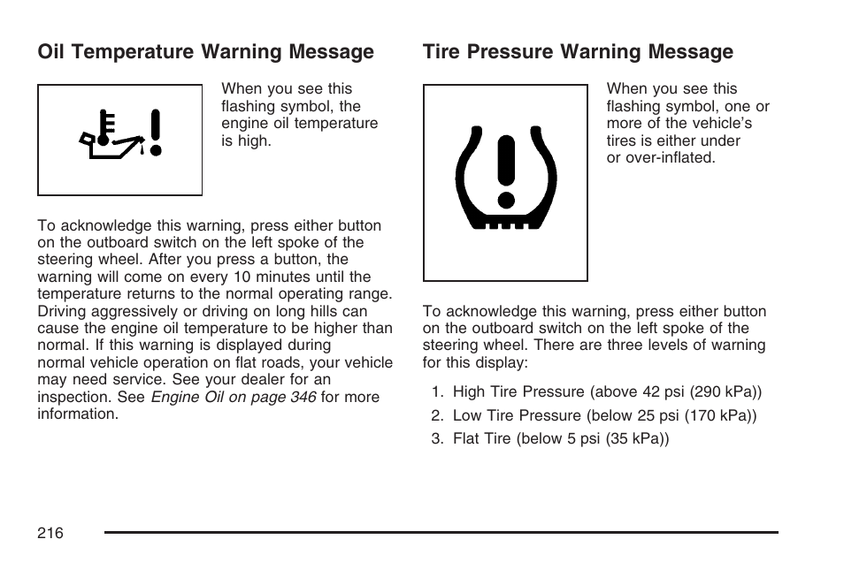 Oil temperature warning message, Tire pressure warning message | Cadillac CTS User Manual | Page 216 / 518