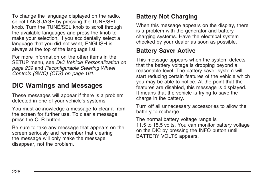 Dic warnings and messages | Cadillac CTS User Manual | Page 228 / 518