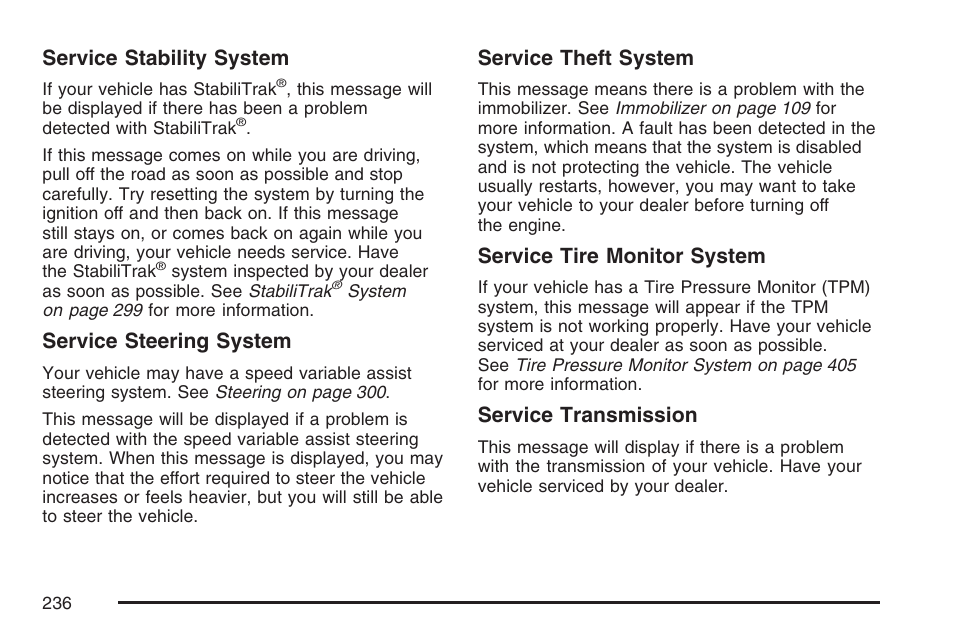Service stability system, Service steering system, Service theft system | Service tire monitor system, Service transmission | Cadillac CTS User Manual | Page 236 / 518