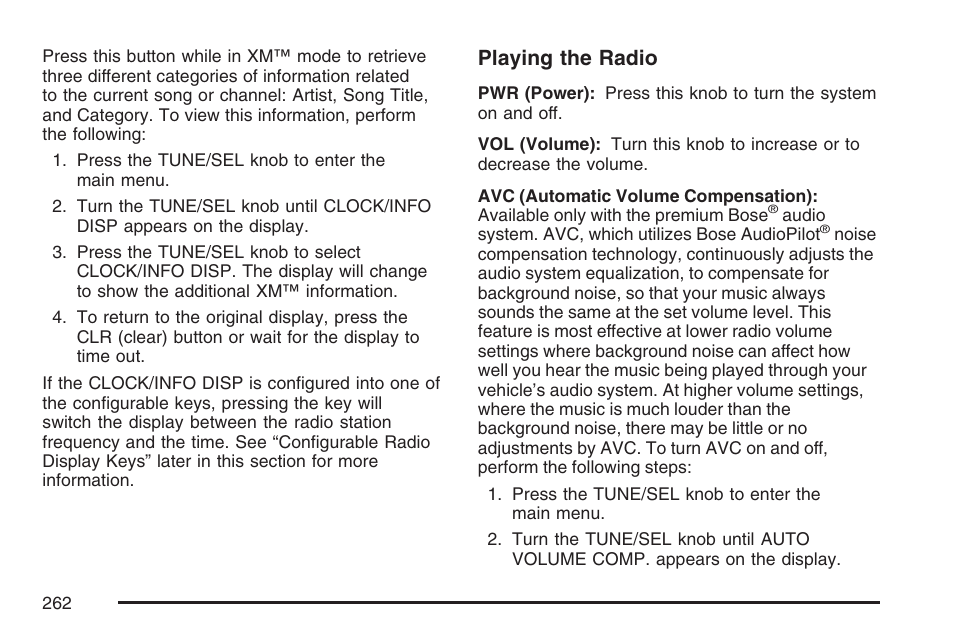 Playing the radio | Cadillac CTS User Manual | Page 262 / 518