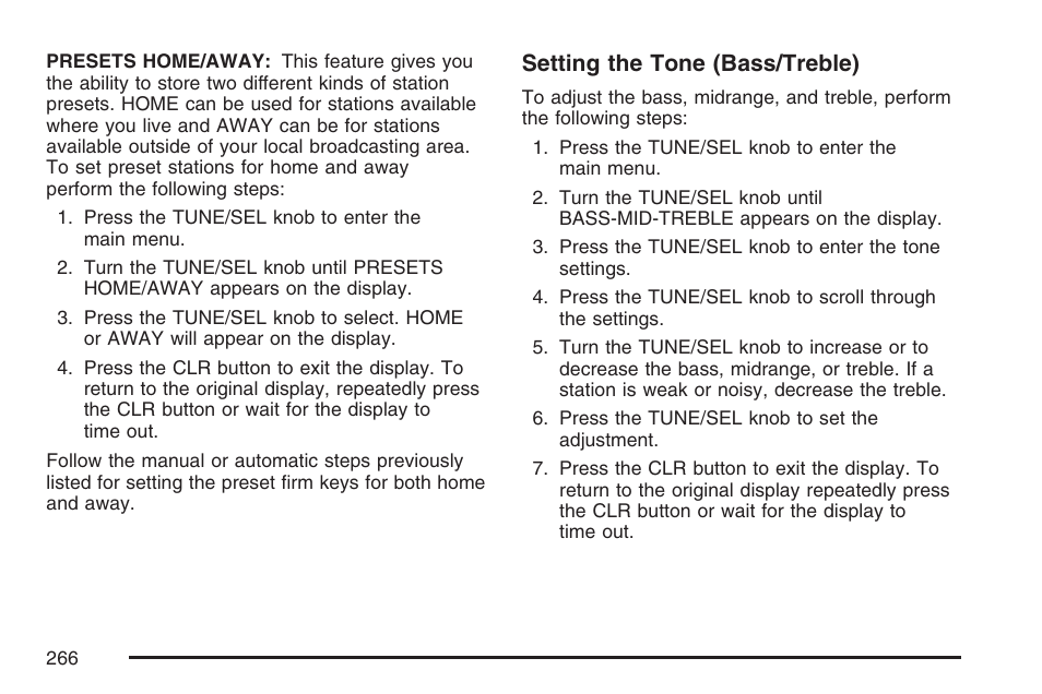 Setting the tone (bass/treble) | Cadillac CTS User Manual | Page 266 / 518