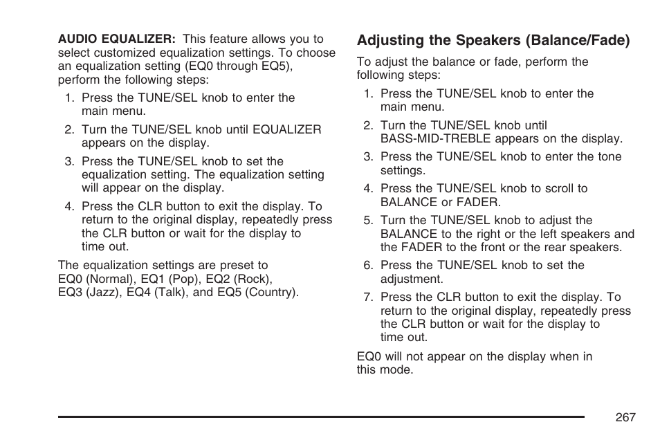 Adjusting the speakers (balance/fade) | Cadillac CTS User Manual | Page 267 / 518