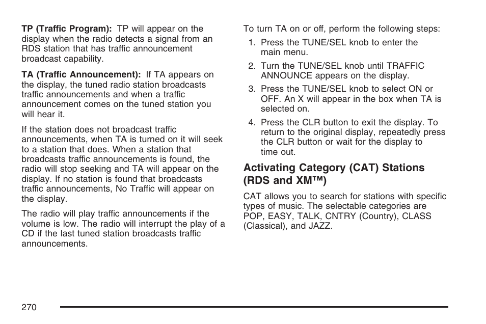 Activating category (cat) stations (rds and xm™) | Cadillac CTS User Manual | Page 270 / 518